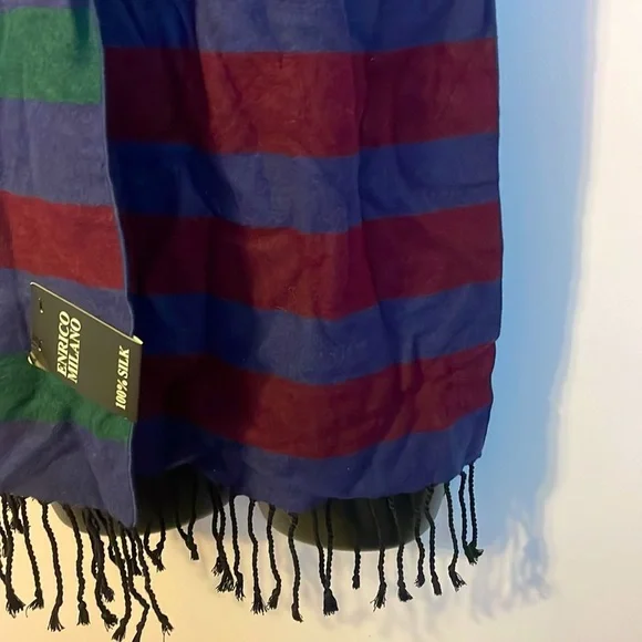 Enrico Milano Reversible Striped Silk Scarf Fringe OS Navy Maroon Green